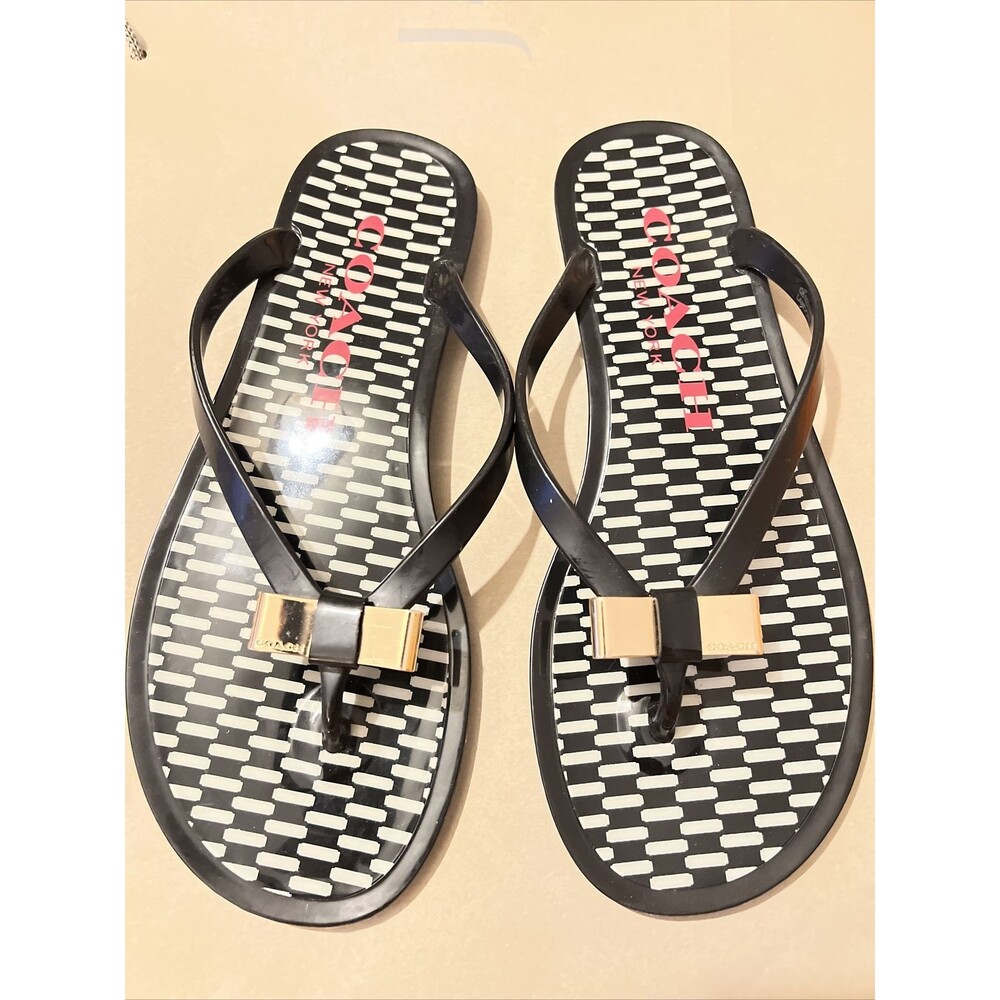 COACH Landon Black Gold Bow Thong Jelly Flip Flops Size 6